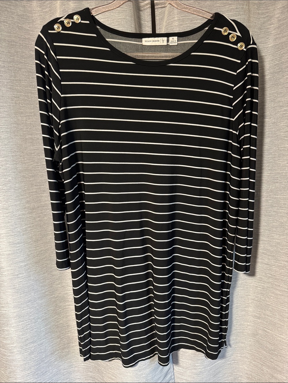 Susan Graver Black and White Striped Long-Sleeve Dress with Gold Buttons